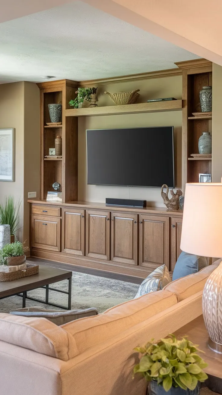 This basement living rooms transformation is all about the family room TV wall. Clever storage and stylish living room tv wall design make this basement family room decor a winner.