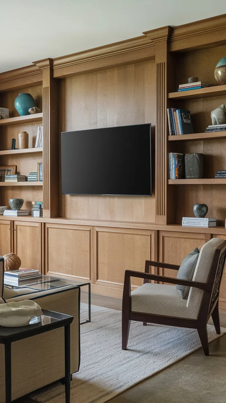 Warm wood paneling creates a cozy and inviting atmosphere in this basement family room, showcasing clever living room wall designs with built-in shelves flanking the family room TV wall. The thoughtful living room tv wall design perfectly integrates storage for books and decor, complementing the comfortable seating arrangement. This basement living rooms setup is a perfect example of accent walls in living room design.