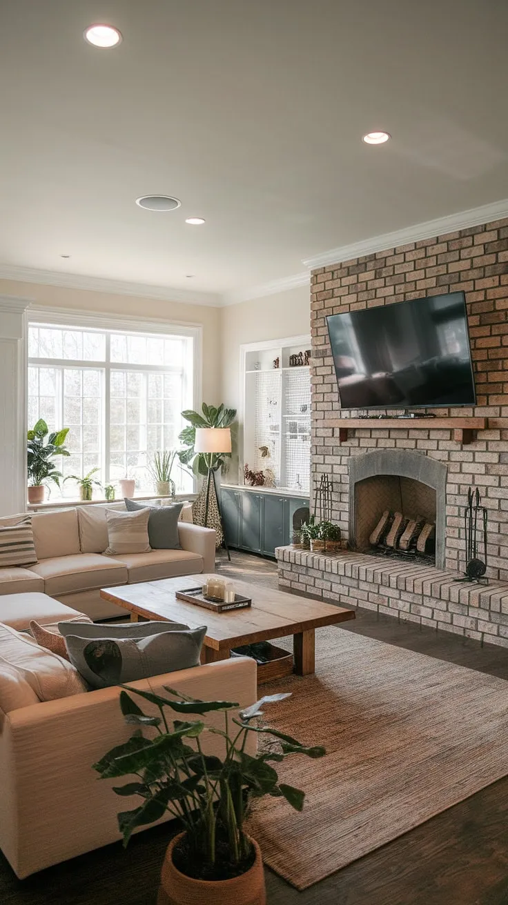 This basement family room decor is a masterclass in comfort and style. The family room tv wall, featuring a brick accent wall, is the focal point of this inviting space. Accent walls in living room designs like this elevate any basement living rooms into a warm and welcoming haven.