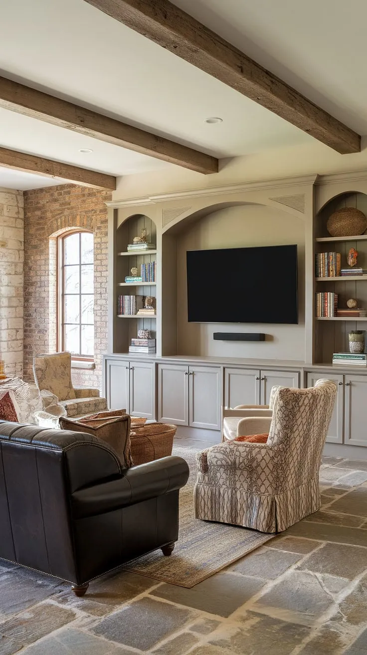 This basement family room decor is all about cozy vibes. The living room TV wall is a focal point, showcasing clever living room wall designs and a built-in entertainment center. The perfect blend of rustic and modern, this space is ideal for family movie nights and relaxing evenings.