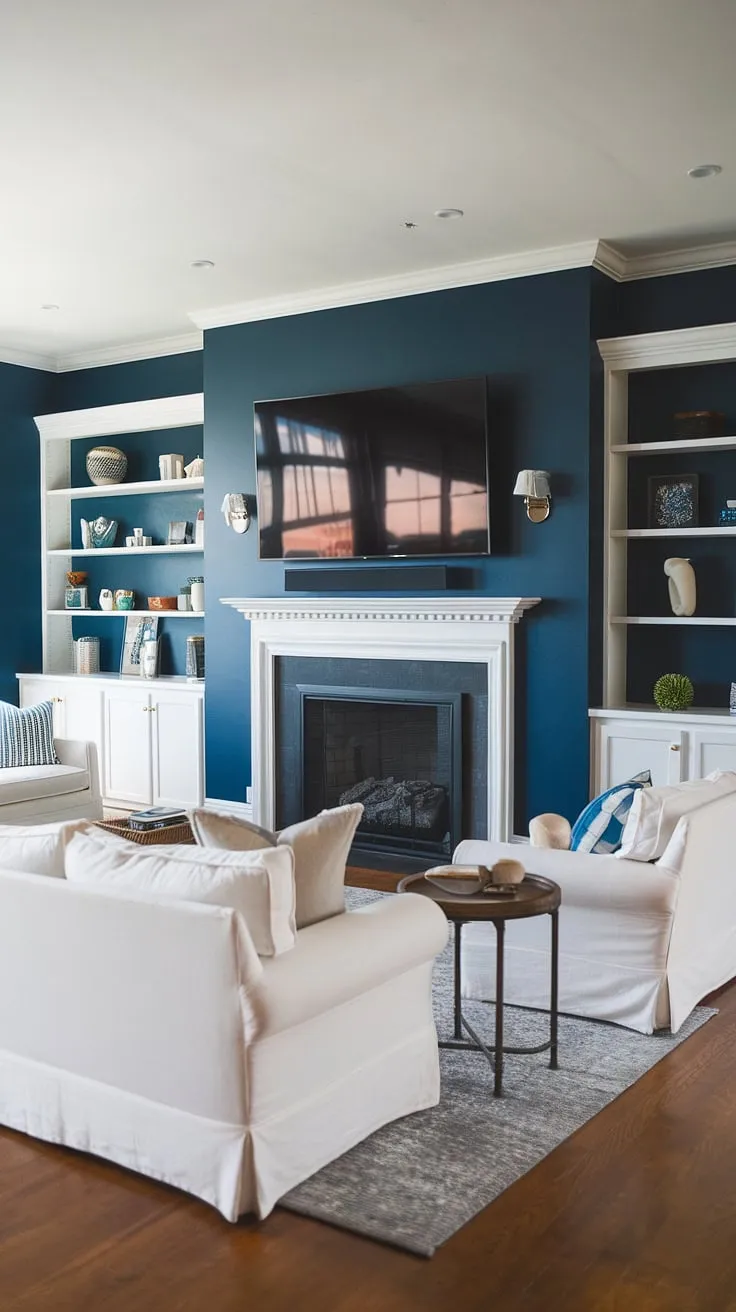 A show-stopping living room tv wall anchors this basement family room decor. The rich blue paint and crisp white accents make for a sophisticated living room wall designs, perfect for movie nights and family gatherings.