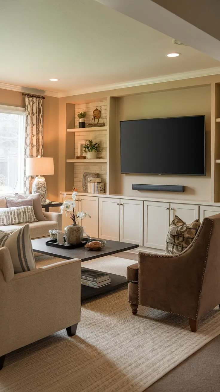 Warm lighting and cozy furnishings define this basement family room, showcasing clever living room wall designs with a dedicated TV wall as a focal point. The beige sofa and brown armchair invite relaxation, while the bookshelf and decorative shelf add personality to this inviting basement living room. The accent walls in living room, particularly the living room tv wall, are tastefully designed, creating a comfortable and stylish space.