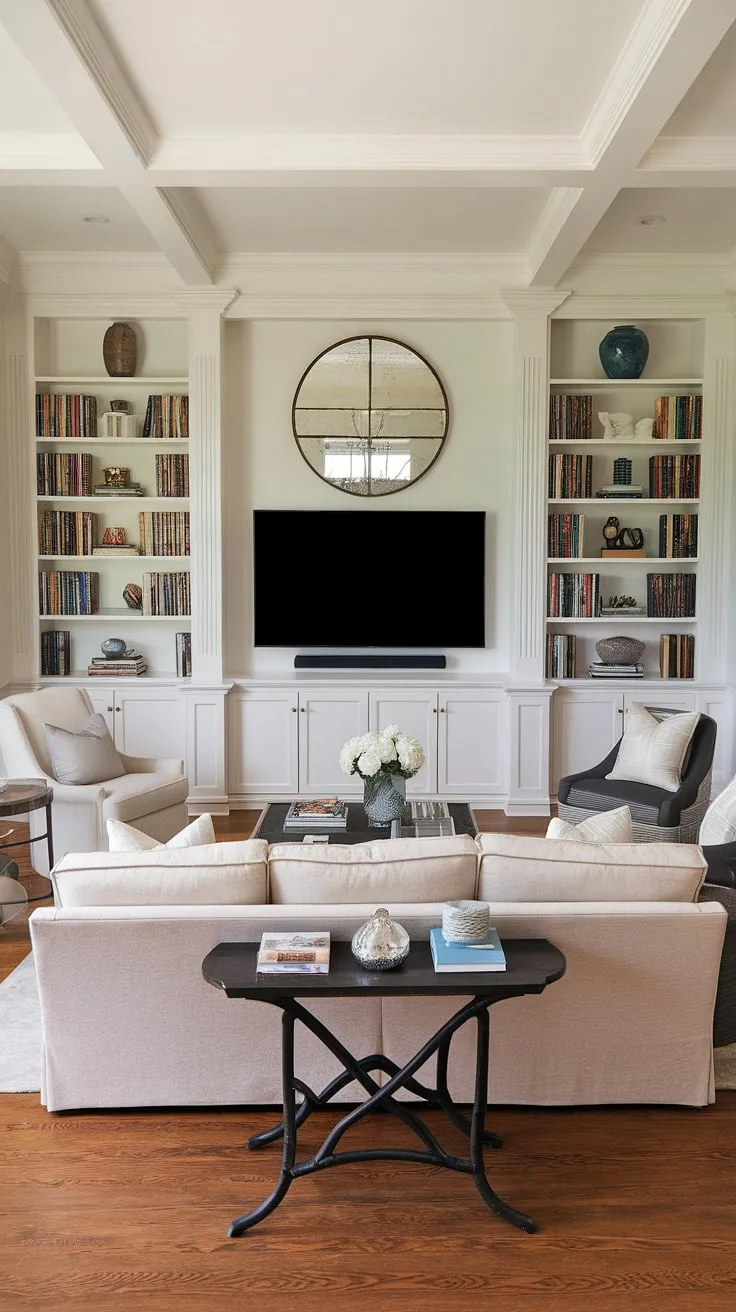 This basement family room boasts a stunning living room tv wall as its centerpiece. The built-in bookcases flanking the TV, filled with books and decorative items, create a warm and inviting atmosphere, complemented by the large round mirror above. The beige sofa and chairs arranged around the coffee table complete the comfortable and stylish basement living rooms decor. This is a prime example of accent walls in living room design, transforming this space into a welcoming family room.