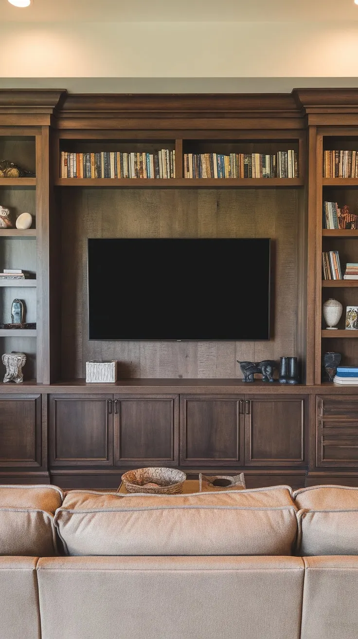 This stunning family room TV wall transforms our basement living room into a cozy haven. The dark wood and built-in shelving perfectly complement the living room wall designs, creating a focal point for movie nights and family gatherings.