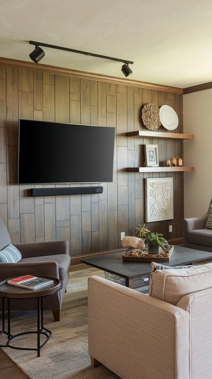This bright and airy basement family room boasts a stunning living room tv wall, featuring warm wood paneling and stylish shelving. The carefully curated basement family room decor, including the artwork and rug, creates a cozy atmosphere perfect for family time. The design successfully integrates the family room tv wall into the overall living room wall designs, making this basement living rooms space both beautiful and functional.
