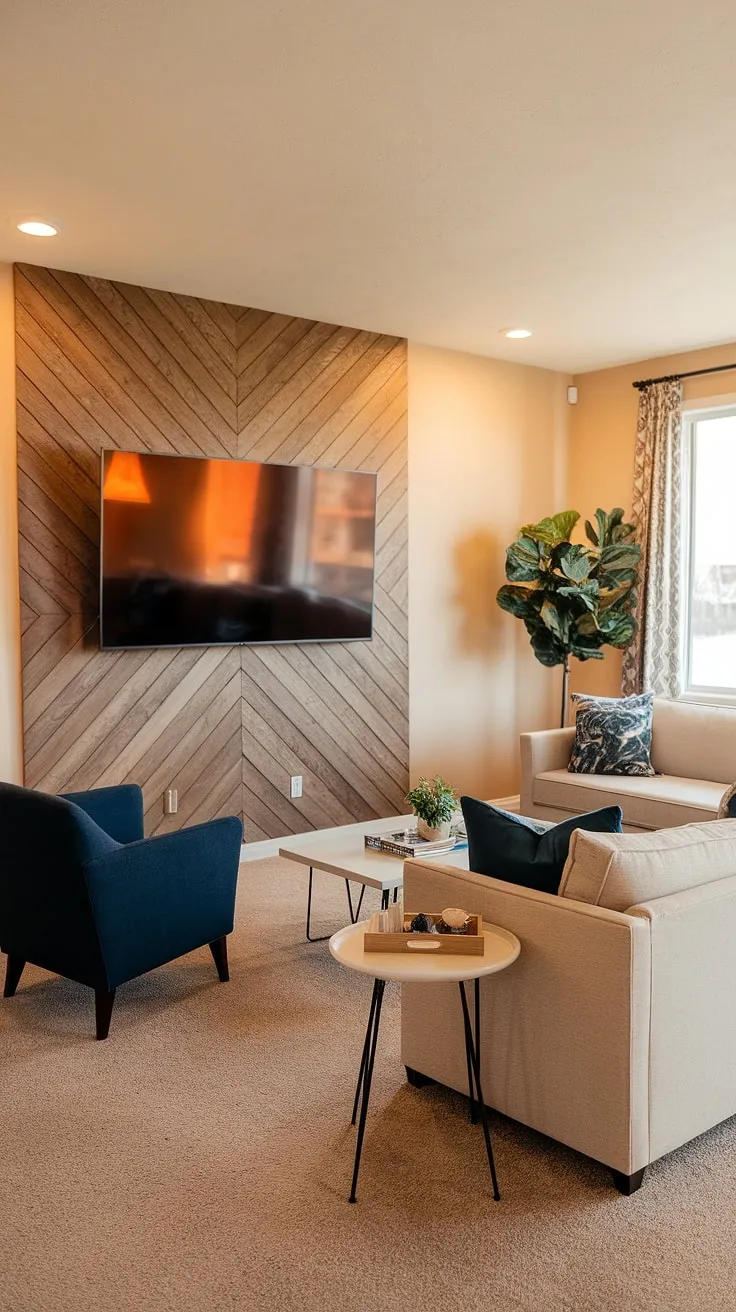 Warm lighting illuminates this cozy basement family room, featuring a stunning wooden panel accent wall that complements the living room tv wall perfectly. The beige sofa, dark blue armchair, and white coffee table create a relaxed atmosphere, while a potted plant adds a touch of nature to this basement living rooms design. This living room wall designs showcase a sophisticated approach to family room tv wall decor.