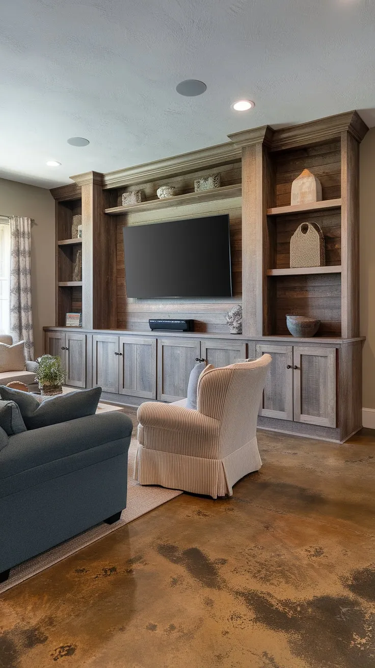 Transforming a basement into a warm and inviting family room? This living room TV wall design, complete with a rustic built-in cabinet, proves that basement living rooms can be stunning. The perfect example of basement family room decor.