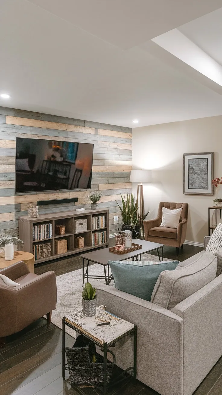 Transforming a basement into a stunning family room. This living room tv wall, featuring a wood accent wall, is the perfect example of creative living room wall designs for basement living rooms.