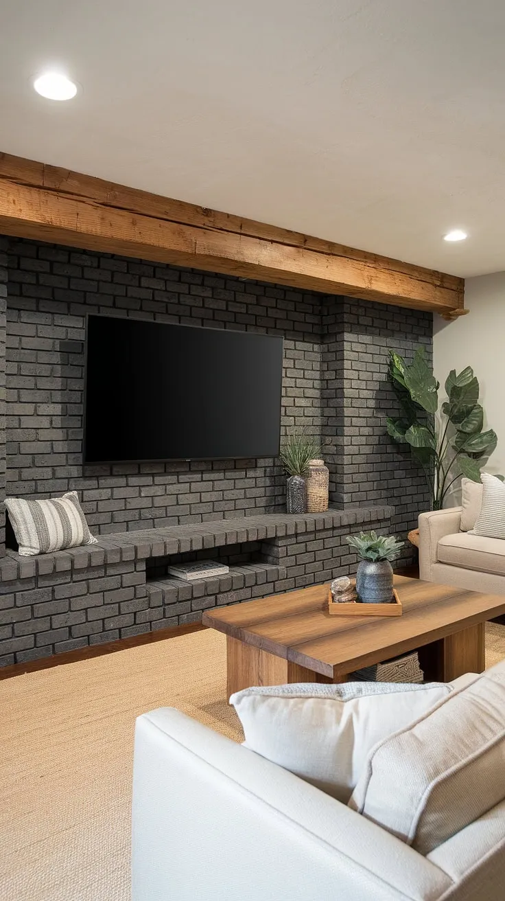 This basement family room boasts a stunning dark grey brick living room tv wall, complete with a built-in shelf and a rustic wooden beam adding warmth and texture. The beige sofa and wooden coffee table create a cozy atmosphere, while the potted plant adds a touch of life to this stylish basement living rooms design. This is a perfect example of accent walls in living room and innovative living room wall designs.