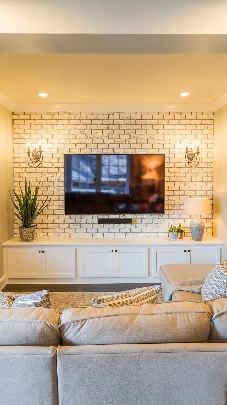 Warm yellow light illuminates this cozy basement family room, featuring a stunning living room tv wall with a white-painted brick accent wall design. The comfortable sectional sofa invites relaxation, while the potted plant and lamp add charming basement family room decor touches. This is a perfect example of creative living room wall designs and how to maximize space in basement living rooms.