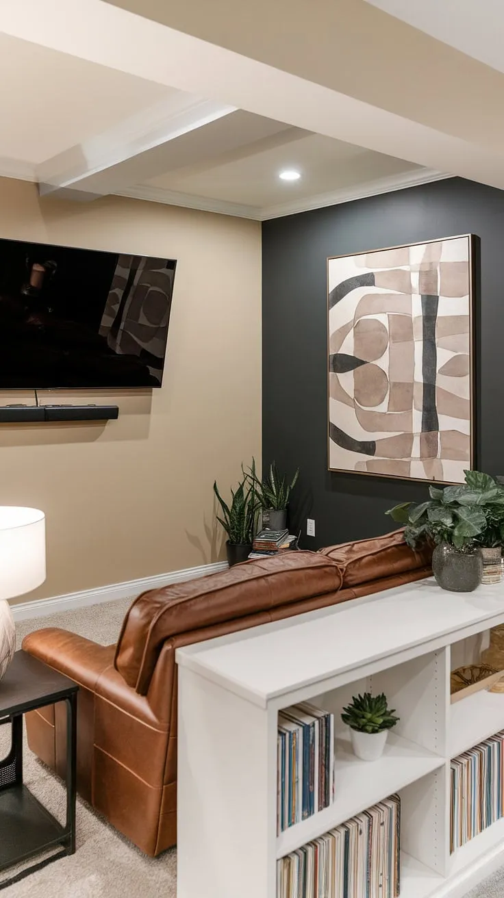 The family room tv wall is a focal point in this stylish basement living room. A large TV is mounted near the ceiling above a plush brown leather sofa, while a dark grey accent wall, featuring striking abstract artwork, provides a dramatic contrast to the beige walls. This basement family room decor showcases creative living room wall designs, perfectly blending comfort and style. The addition of a white bookshelf and greenery completes the inviting atmosphere.