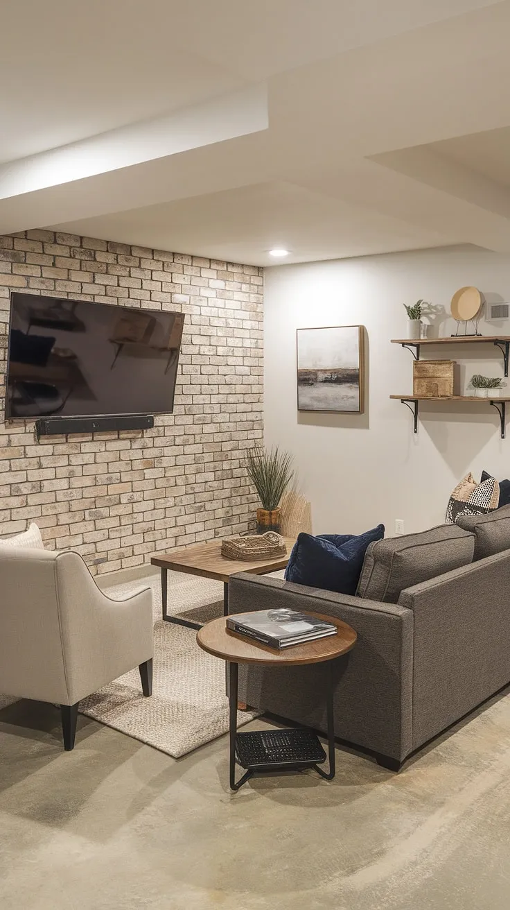 Transforming a basement into a functional and stylish family room is easy with the right design choices. This basement living rooms example features a striking living room tv wall with a brick accent wall, a popular choice for accent walls in living room spaces. The gray sofa and beige chair provide comfortable seating, while the wooden coffee table completes the inviting basement family room decor. The overall effect is a sophisticated and comfortable space.