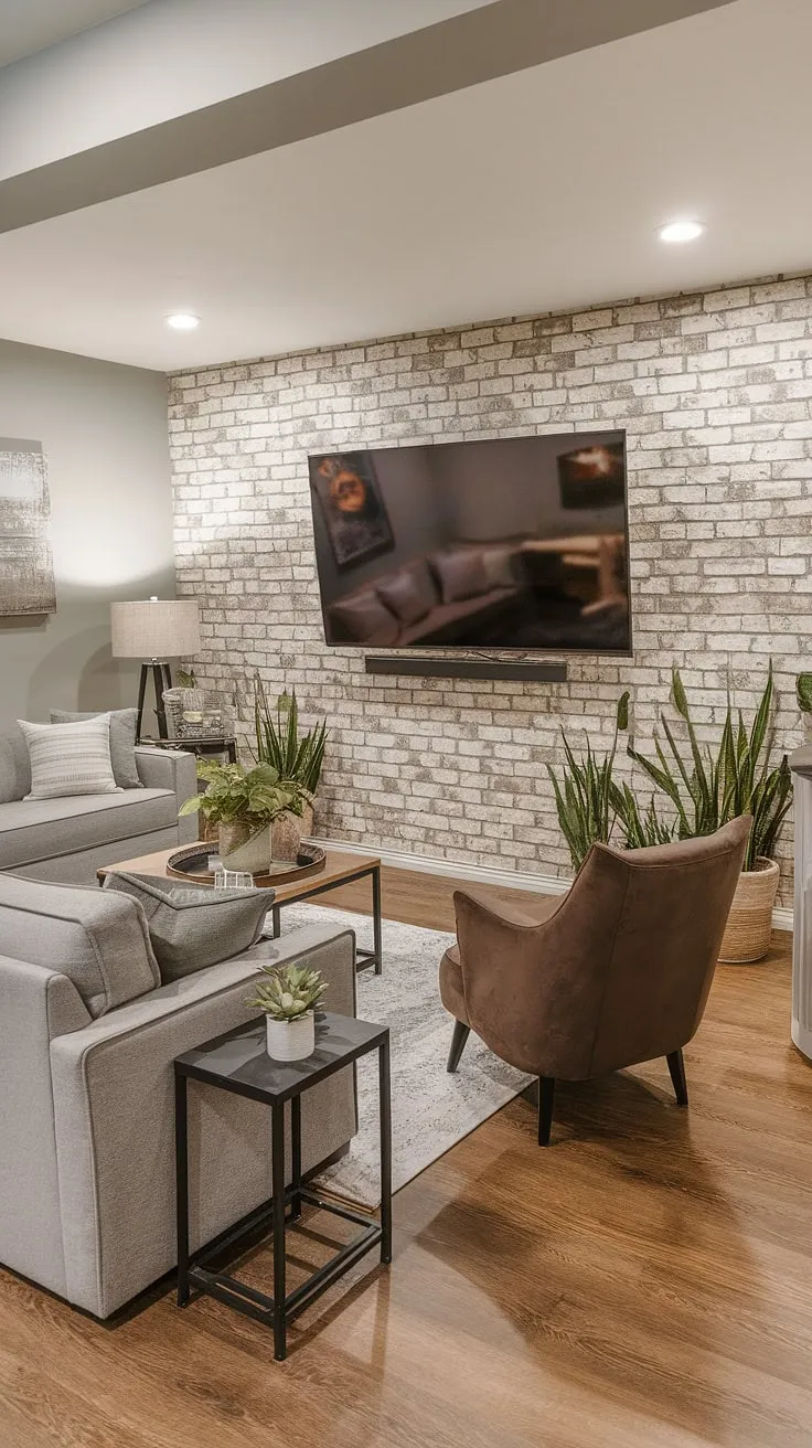 Cozy basement family room tv wall, complete with exposed brick accent walls in living room and comfortable seating. This basement living rooms design proves that even below ground, family time shines.