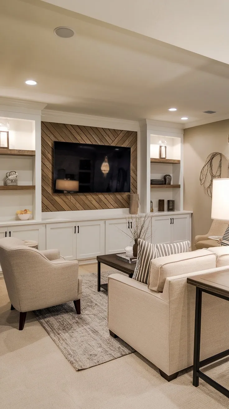 Transforming a basement into a functional and stylish living space is easy with the right design. This basement family room showcases a beautiful living room tv wall, a perfect example of accent walls in living room design. The family room tv wall is the focal point, complemented by comfortable furniture and warm lighting, creating a perfect blend of comfort and style in this inviting basement living rooms setup.