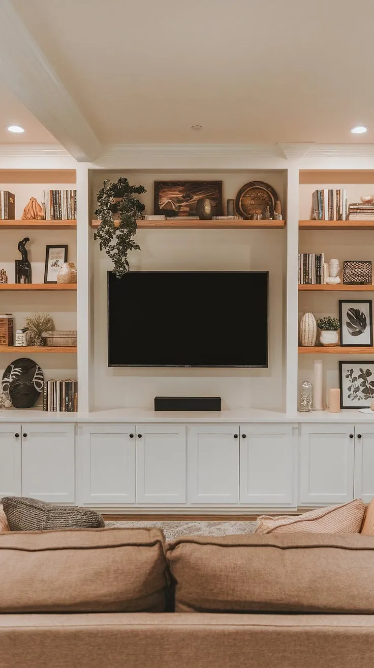 This basement family room boasts a stunning living room tv wall, a perfect example of basement living rooms done right. The built-in shelving, showcasing books, plants, and decorative items, complements the cozy sofa and creates a warm and inviting atmosphere. This living room wall design is a masterclass in accent walls in living room decor, transforming this basement space into a functional and stylish family room.