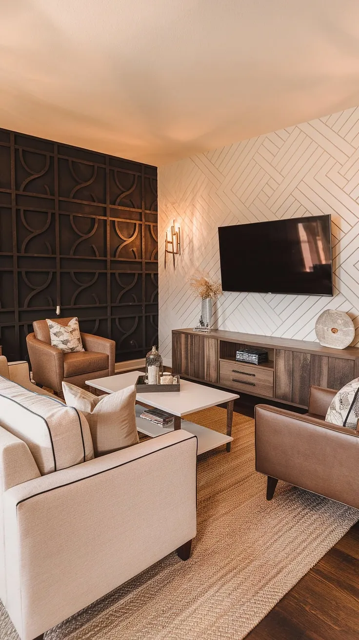 This basement family room boasts a captivating living room tv wall, showcasing a bold geometric accent walls in living room design. The family room tv wall is the focal point of this cozy basement living rooms setup.