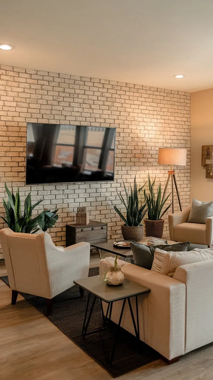 Warm lighting illuminates this cozy basement family room, where a large TV is mounted on a striking brick accent wall. The living room tv wall serves as a focal point, complementing the beige couch and comfortable seating arrangement. Thoughtful basement living rooms decor, including potted plants and a wooden box, adds personality to this inviting space. This living room wall designs showcases a perfect blend of style and comfort.
