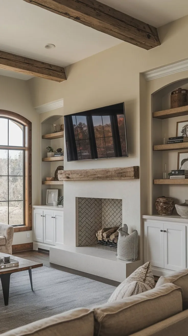 Rustic charm fills a family room featuring a fireplace with a mounted TV, built-in shelves, and a stunning natural view