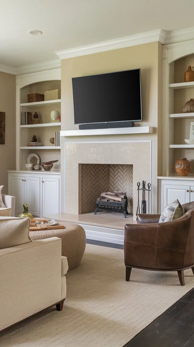 Warm beige tones and a fireplace with a mounted TV create a welcoming family room perfect for relaxation and entertainment.