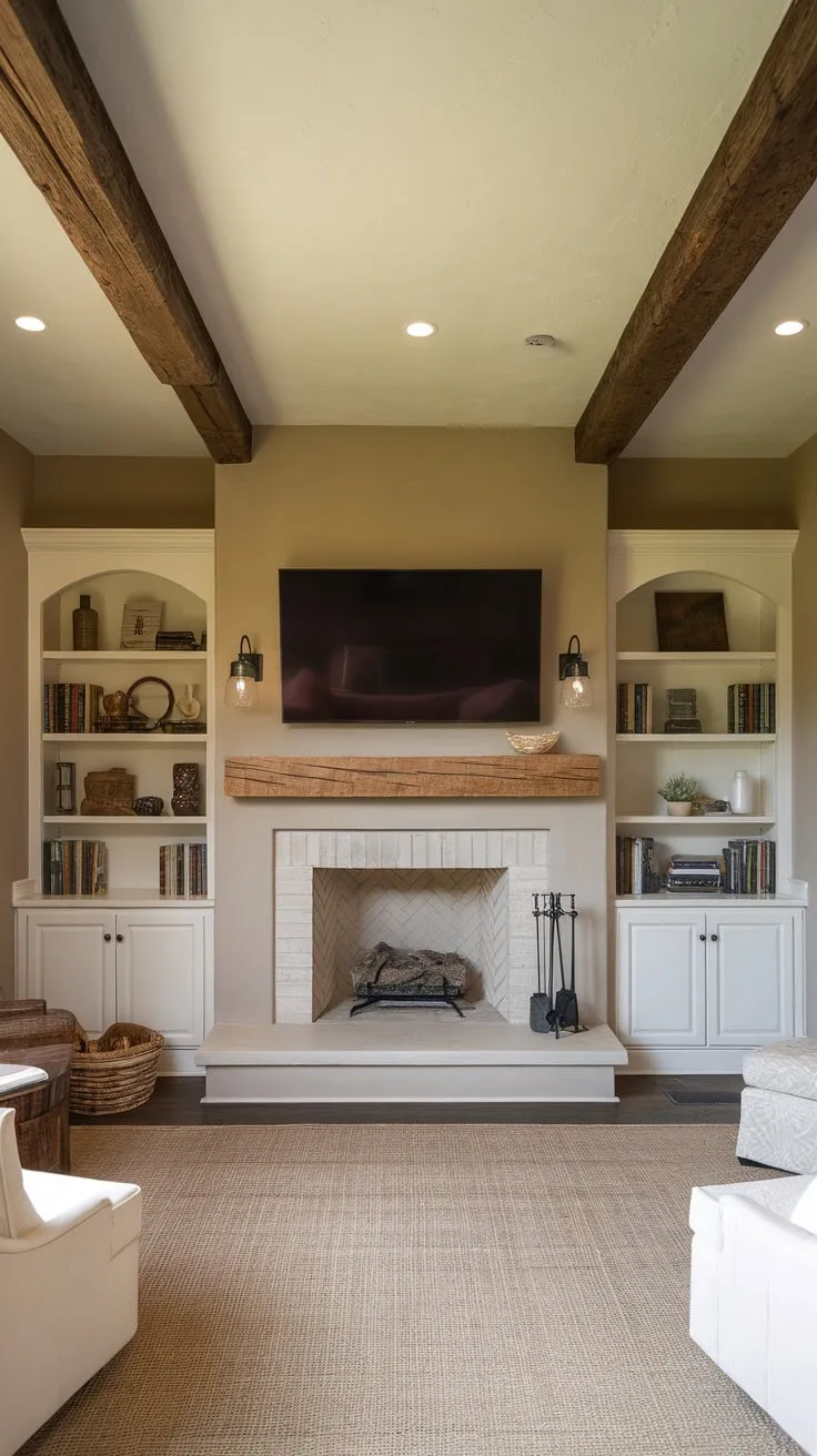 A warm and inviting family room boasts a fireplace flanked by bookshelves, rustic details, and a relaxing TV viewing area.
