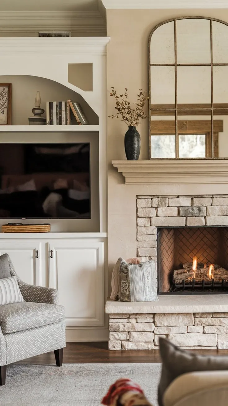 Cozy family room featuring a stone fireplace with built-ins, a large TV, and a warm inviting atmosphere