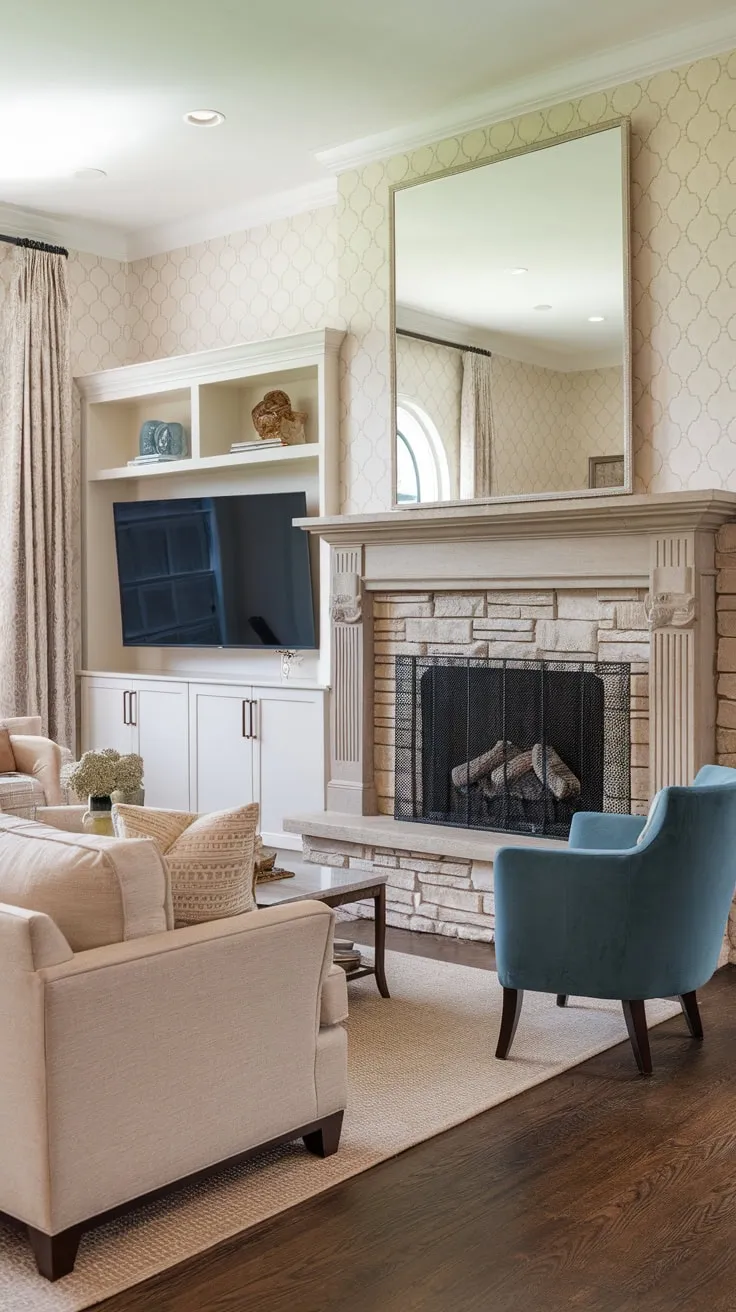 Cozy family room featuring a stone fireplace, built-in shelving, and comfortable seating perfect for relaxing evenings
