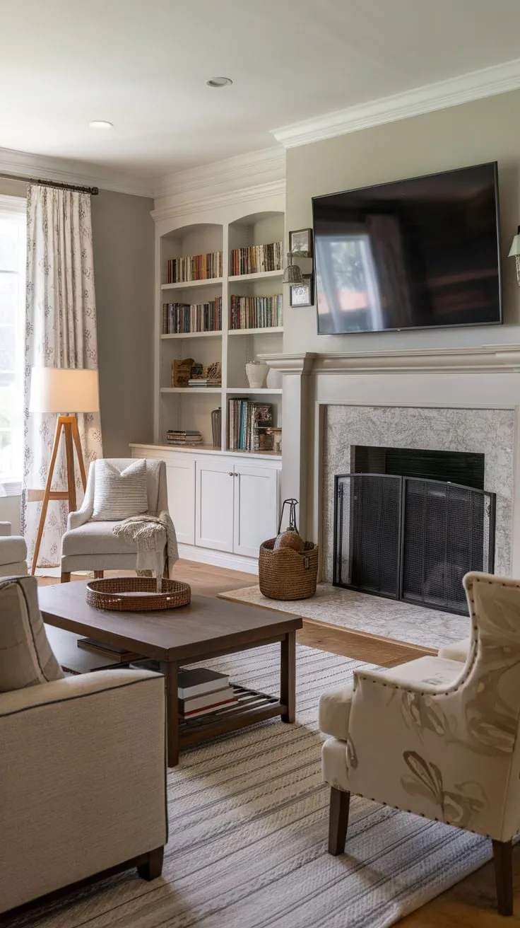 A cozy light grey family room features a fireplace with a built-in TV and shelving above, complemented by comfortable seating and a warm ambiance
