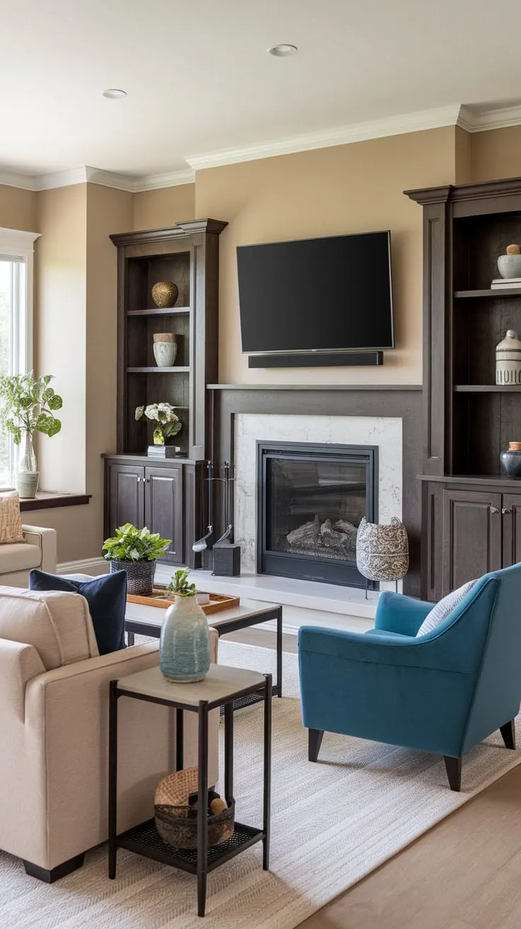 Cozy beige family room features a fireplace with built-ins, a wall-mounted TV, and comfortable seating perfect for relaxing evenings.