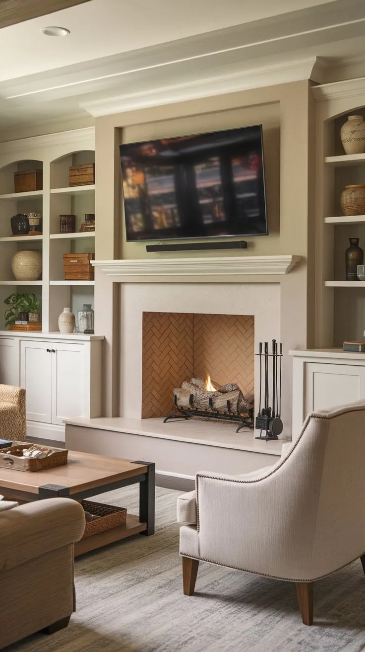 A warm and inviting family room boasts a fireplace, TV, and comfortable seating, creating the ideal space for family gatherings.