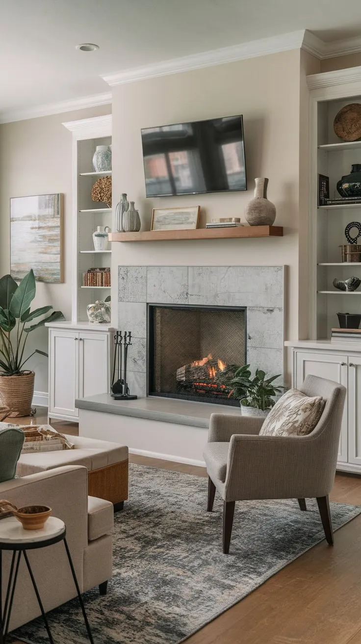 Cozy family room featuring a fireplace flanked by built-ins, a comfy seating area, and tasteful décor