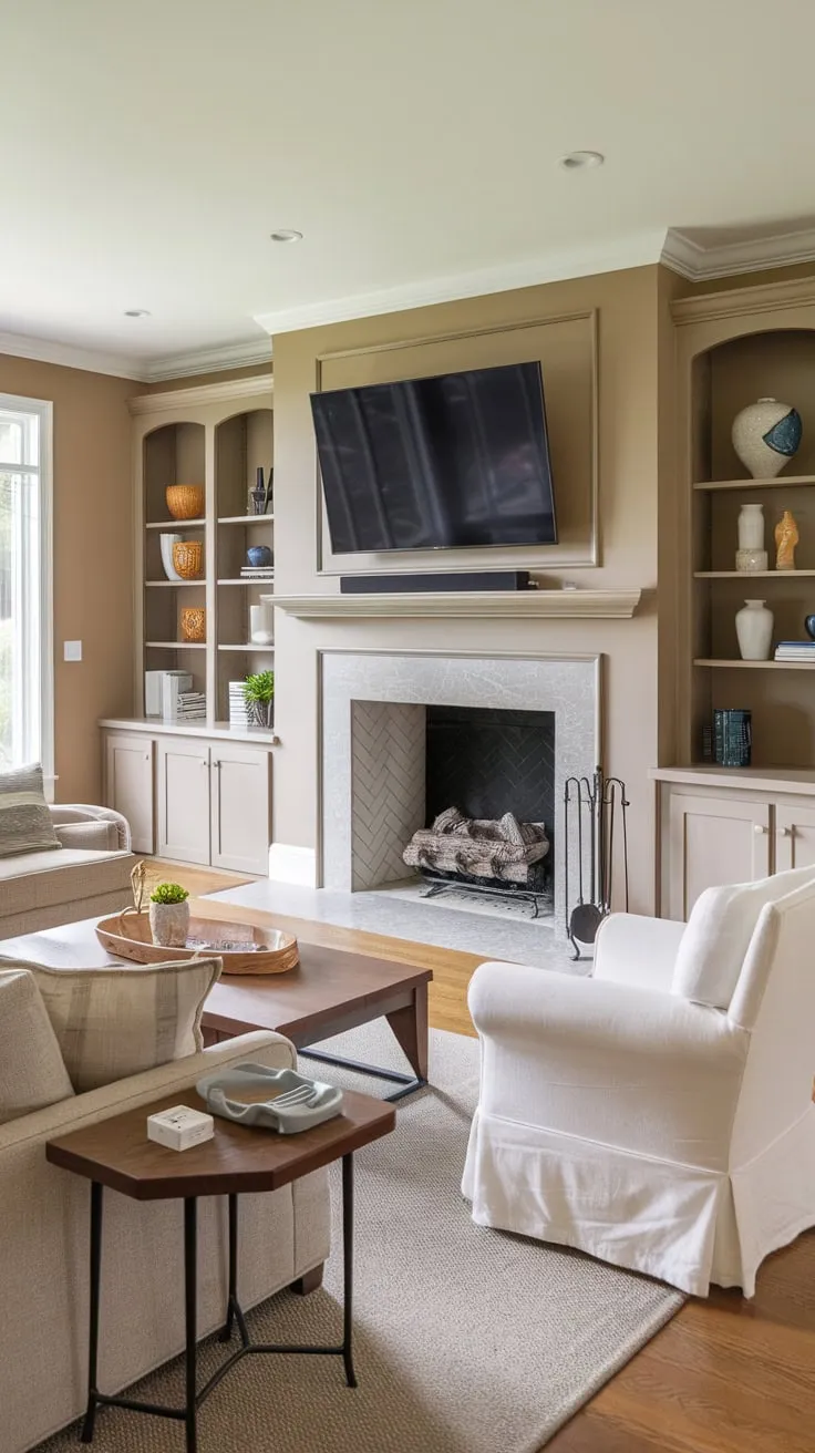 A cozy beige family room features a fireplace flanked by built-ins, a comfortable seating arrangement, and hardwood floors, perfect for relaxing evenings.