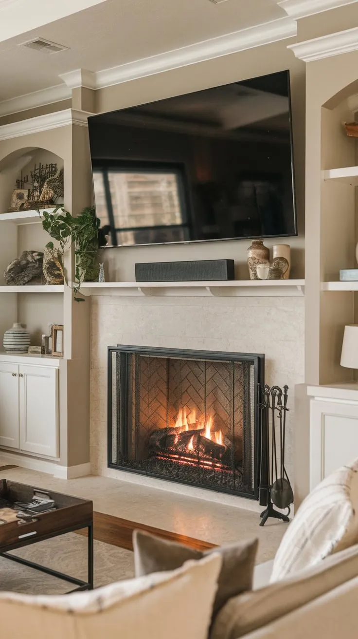 Cozy family room featuring a fireplace, built-in shelving, and a large TV above creates a warm and inviting atmosphere