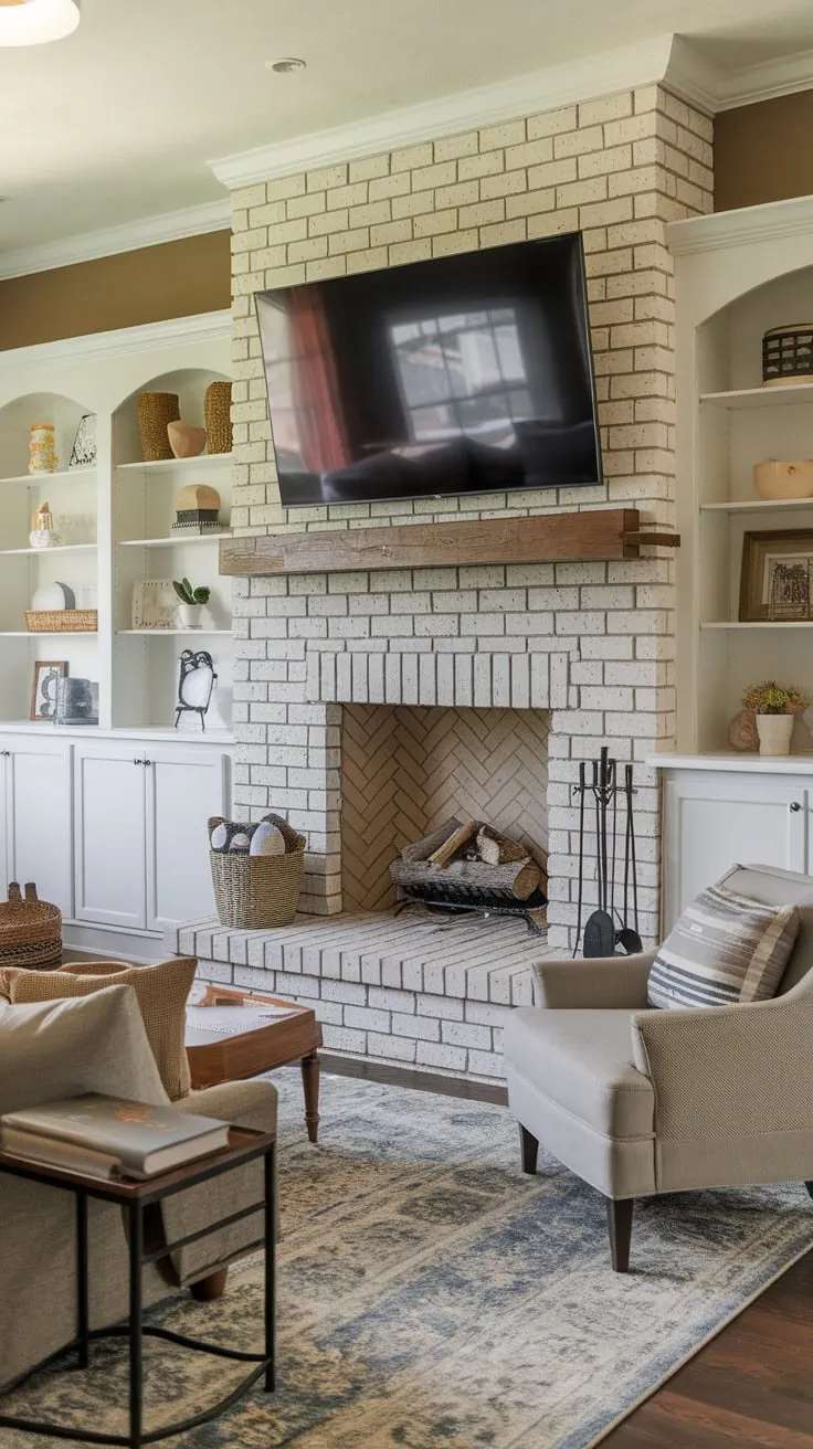 Cozy family room featuring a brick fireplace, mounted TV, and built-in shelving creates a warm and inviting atmosphere
