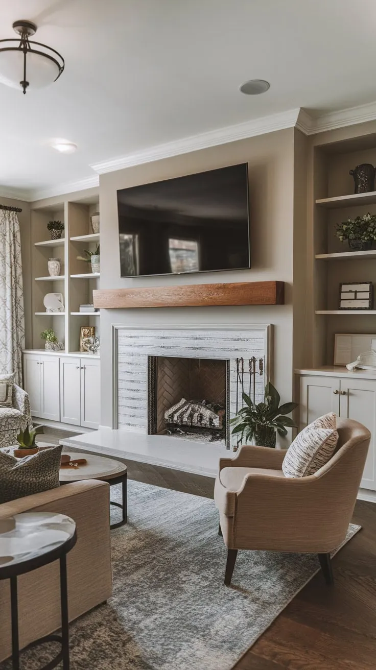 Cozy family room featuring a fireplace with built-ins a large TV above and comfortable seating