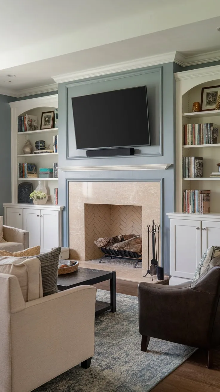 A cozy light blue family room features a fireplace flanked by bookshelves, a mounted TV above, and comfortable seating perfect for relaxing evenings.