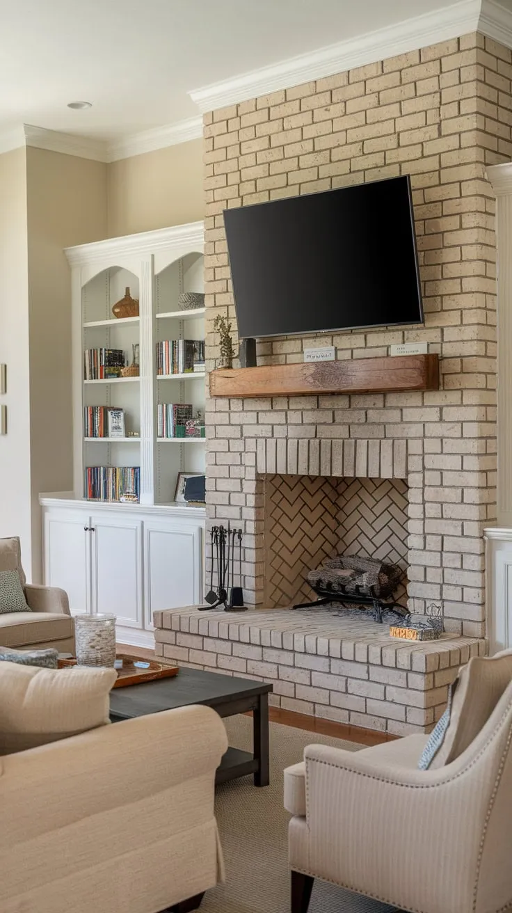 A warm and inviting family room boasts a fireplace, TV, and built-in storage creating a comfortable gathering space.