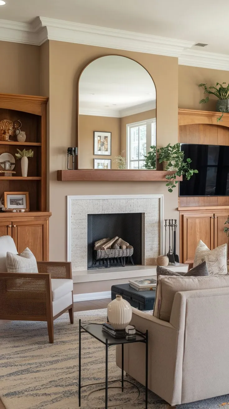 A warm and inviting family room boasts a fireplace, built-in shelving, and a large TV creating the ideal space for relaxation and entertainment.