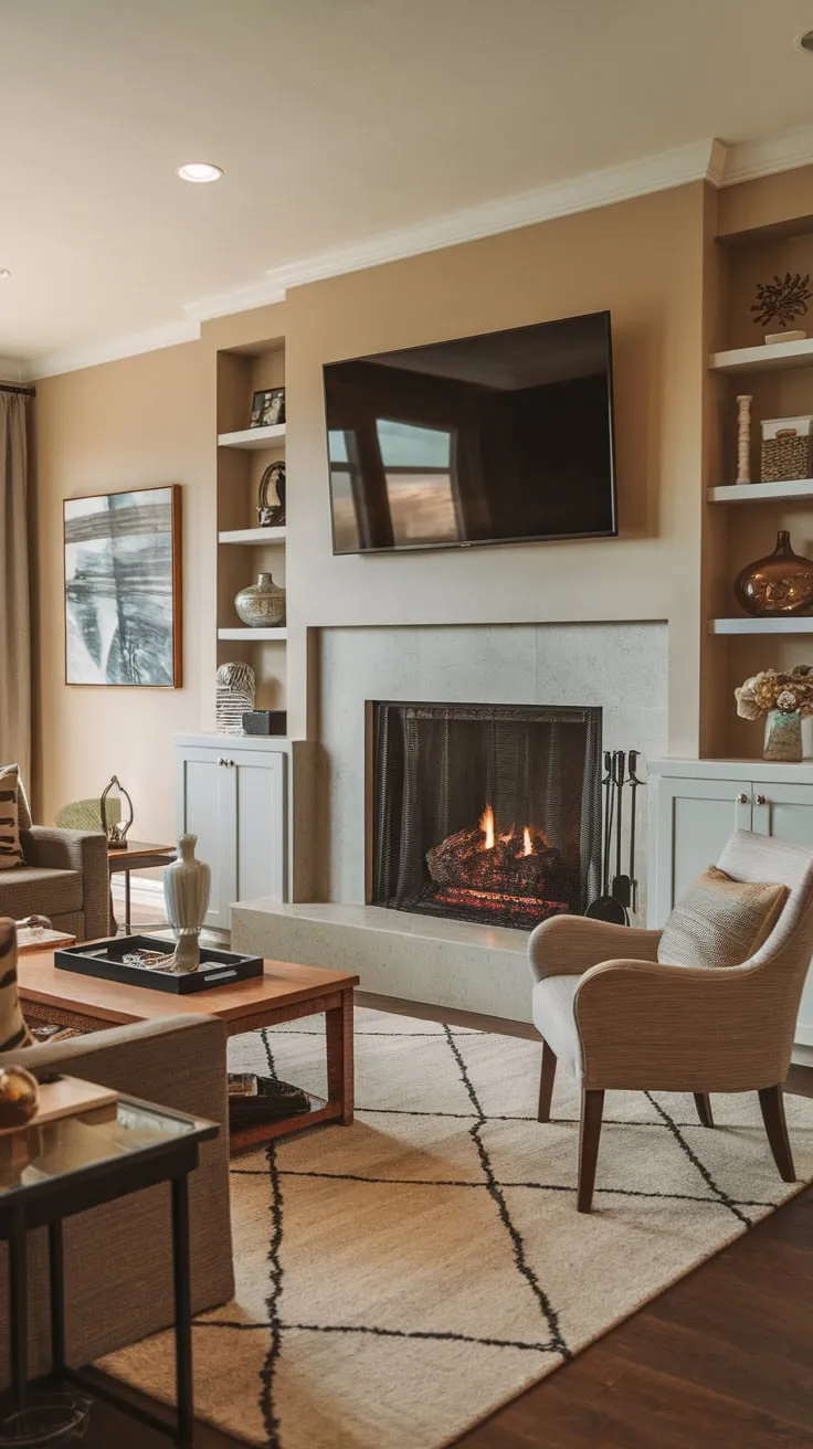 A warm inviting family room boasts a fireplace with built-in shelving a mounted TV and comfortable furniture perfect for relaxation.