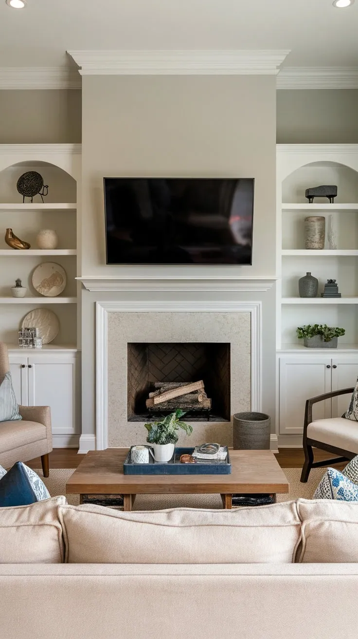 Relax and unwind in a stylish family room with a fireplace, a TV mounted above, and built-in shelving adding warmth and character.