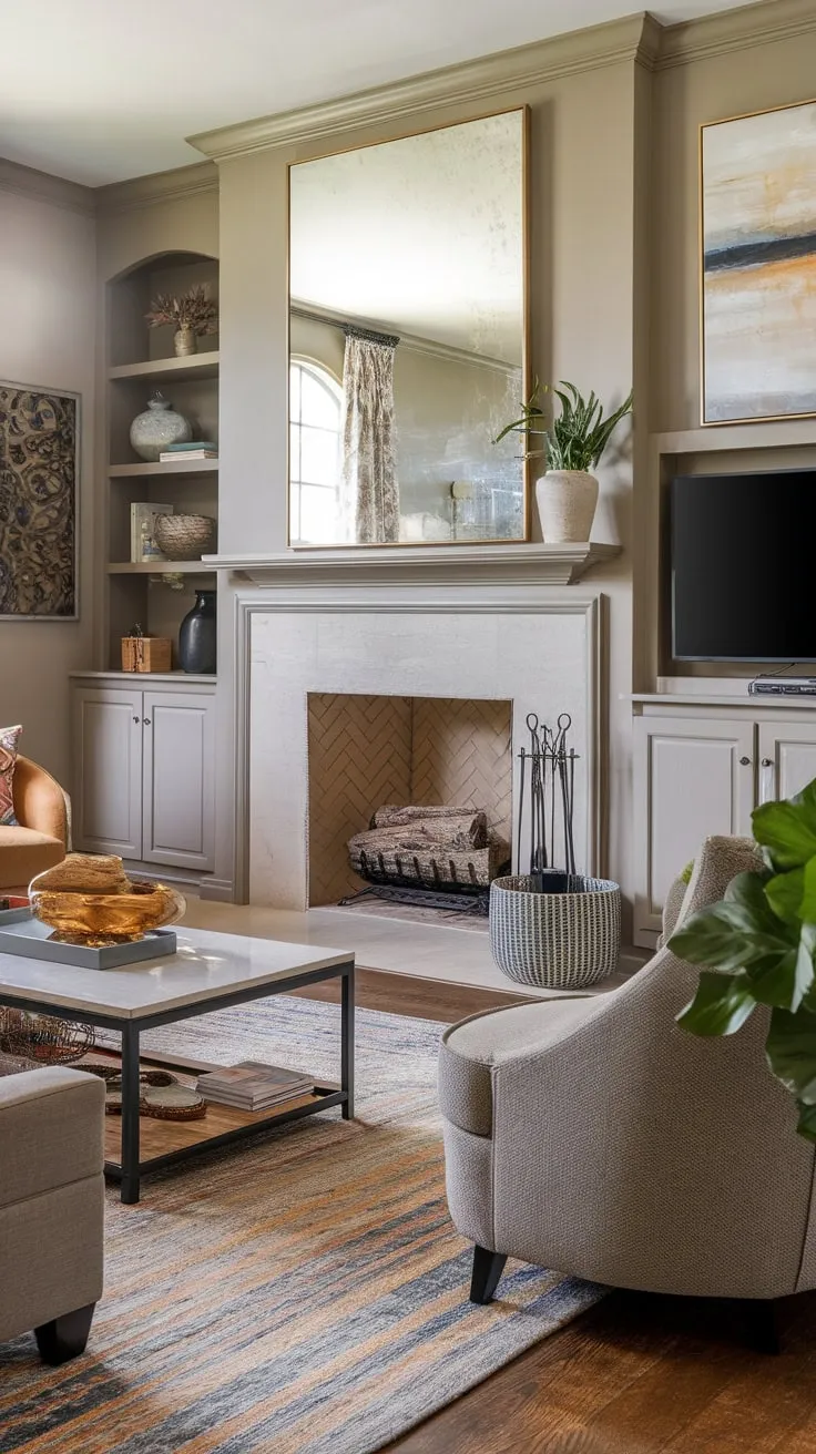 Cozy family room with fireplace TV built-in shelving and comfortable furniture creates a welcoming atmosphere.