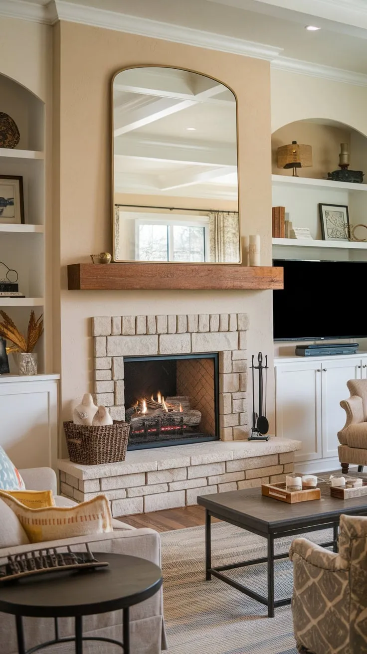 A cozy family room features a stone fireplace with built-ins, a large mirror, comfortable seating, and a warm inviting atmosphere perfect for relaxation.