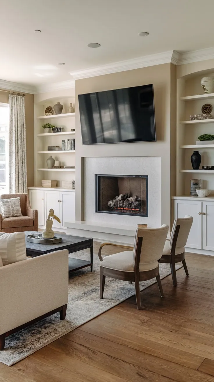 Cozy family room features a fireplace flanked by built-ins a mounted TV above and comfortable seating on hardwood floors