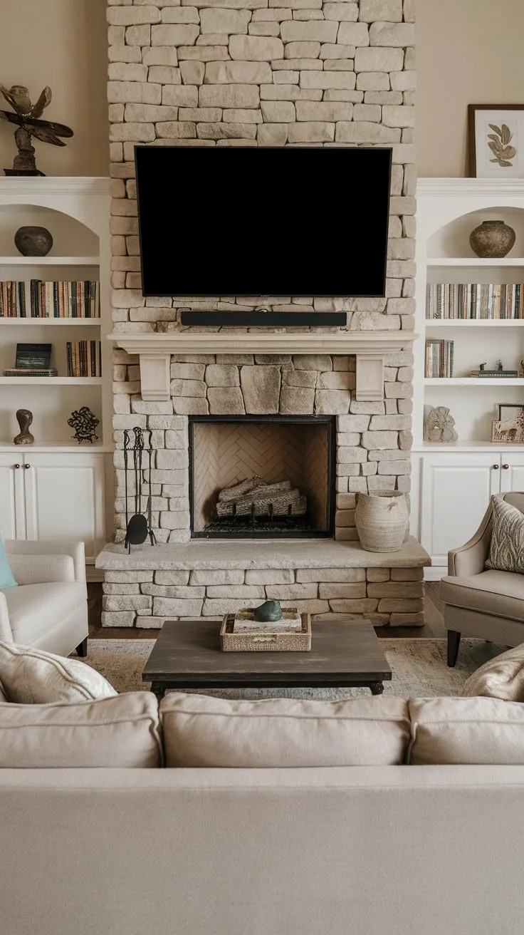 A warm and cozy family room features a stone fireplace with a mounted flat-screen TV, built-in shelving, and comfortable seating perfect for relaxation