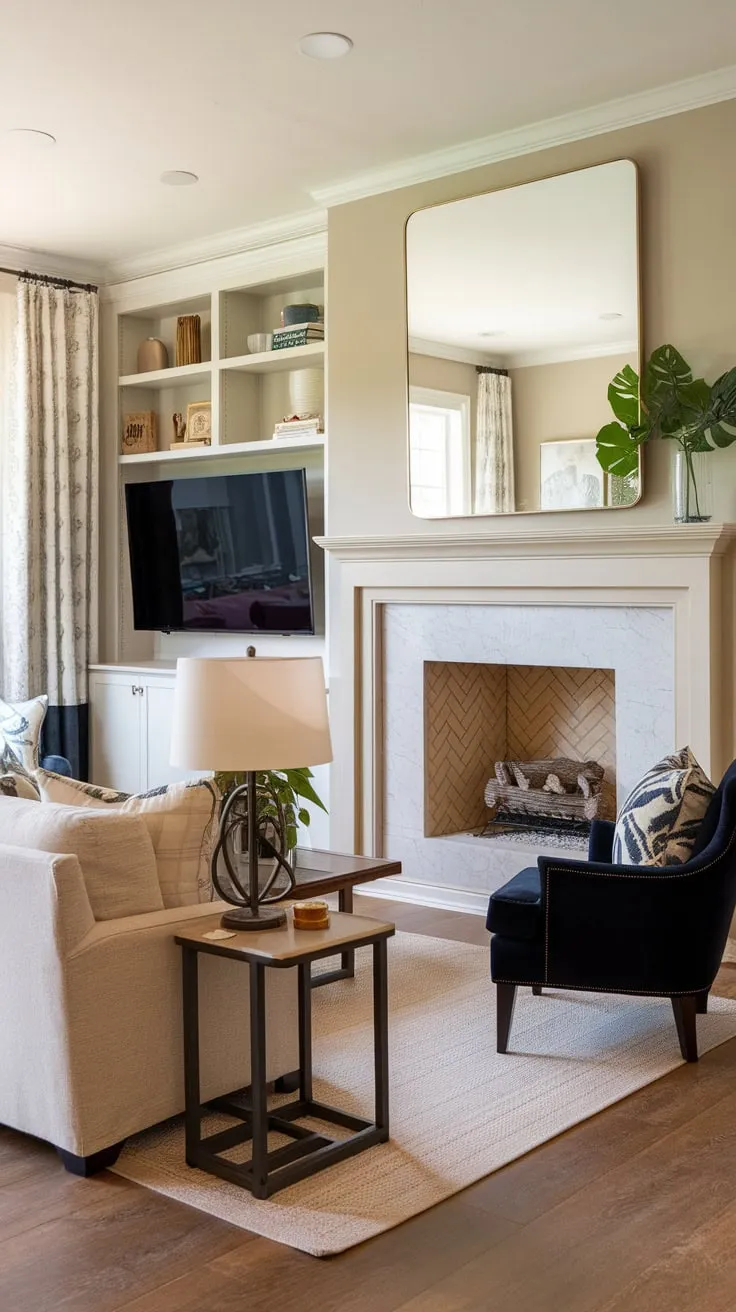 A fireplace, TV, and stylish furnishings transform this family room into a relaxing haven.