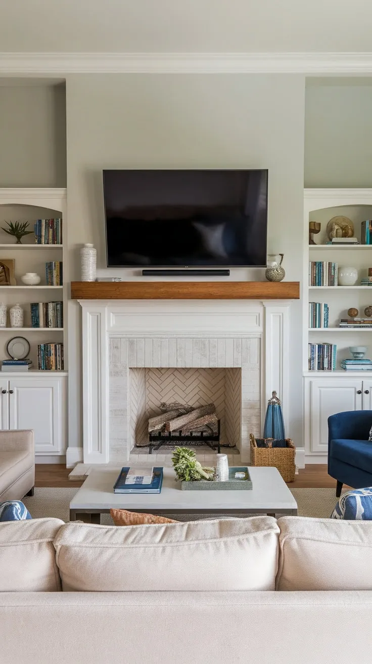 Relax and unwind in a stylish family room boasting a fireplace, TV above, and built-in shelving, offering both comfort and sophisticated design.