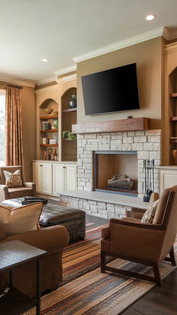 A warm family room features a stone fireplace with a wooden mantel flanked by built-ins and a TV, anchored by a brown couch and dark rug