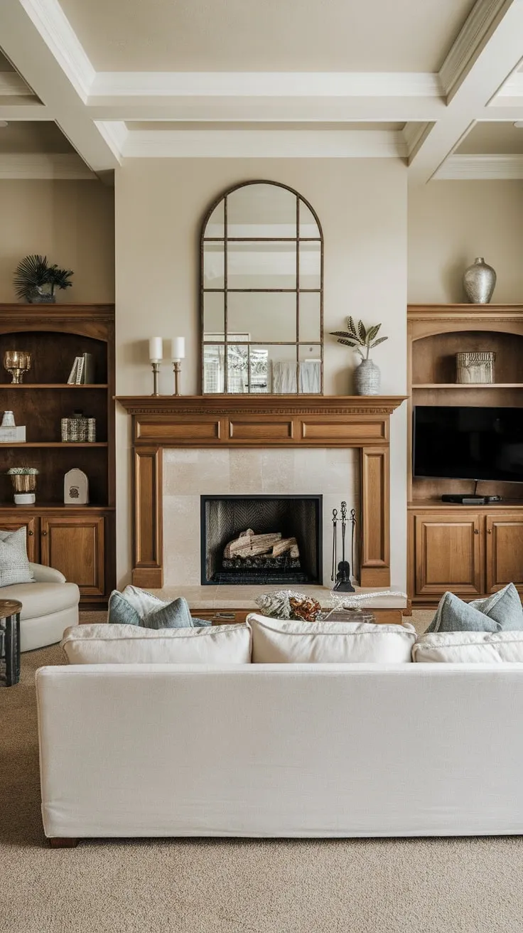 Warm beige tones and a wood-mantled fireplace create a welcoming family room perfect for movie nights and quiet evenings.