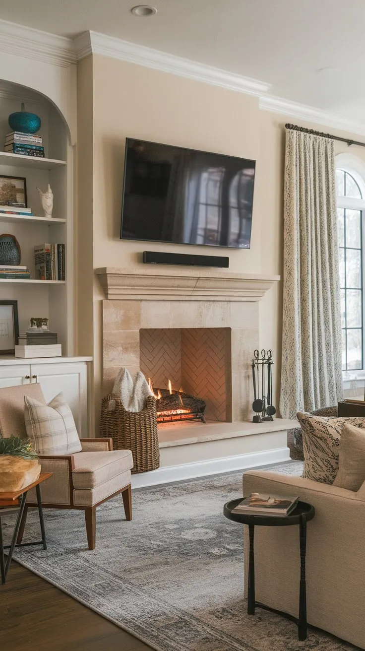 Cozy family room featuring a stone fireplace with mounted TV, perfect for relaxing evenings.