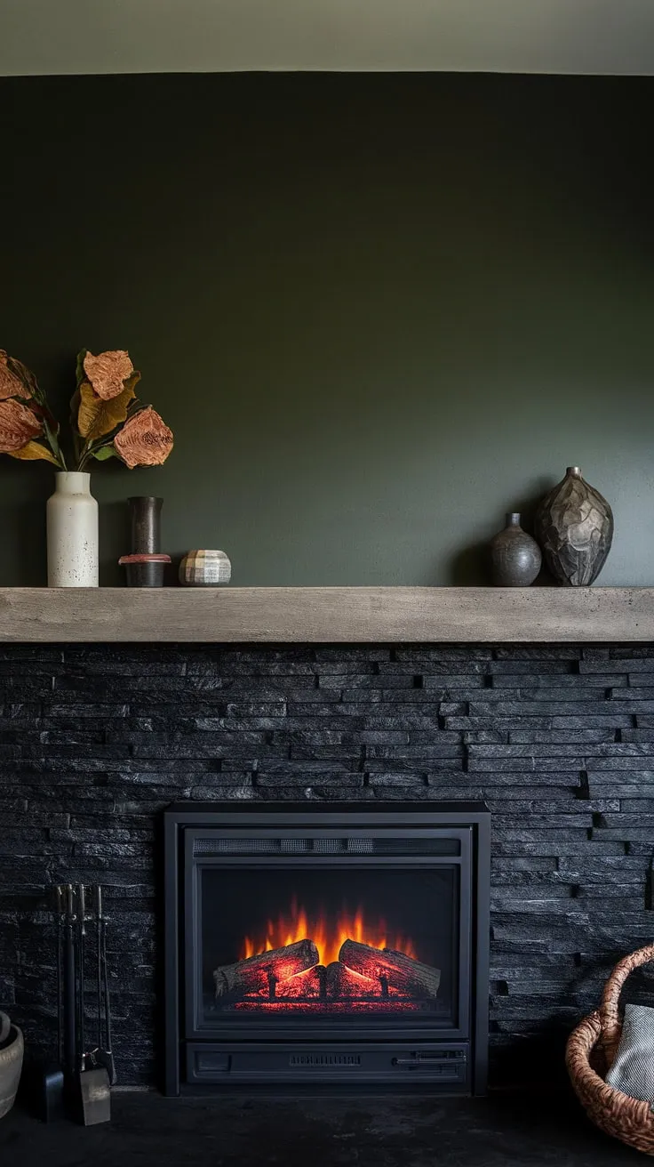 Cozy nights and family gatherings are made perfect in this dark color fireplace family room, featuring a striking black stack stone fireplace with unique concrete mantle decor. Modern fireplace decor at its finest.