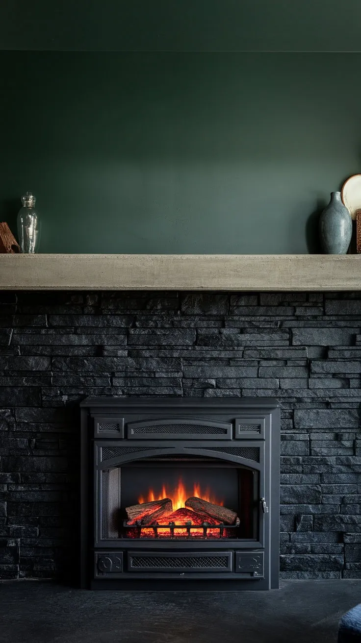 This dark color fireplace, a stunning black stack stone fireplace with a unique concrete mantle, anchors this cozy family room. The green wall fireplace adds a pop of color against the black brick fireplace, creating a modern fireplace decor that's both sophisticated and inviting. This cottage electric fireplace offers the warmth and ambiance of a traditional hearth, making it a perfect example of living room fireplace ideas.